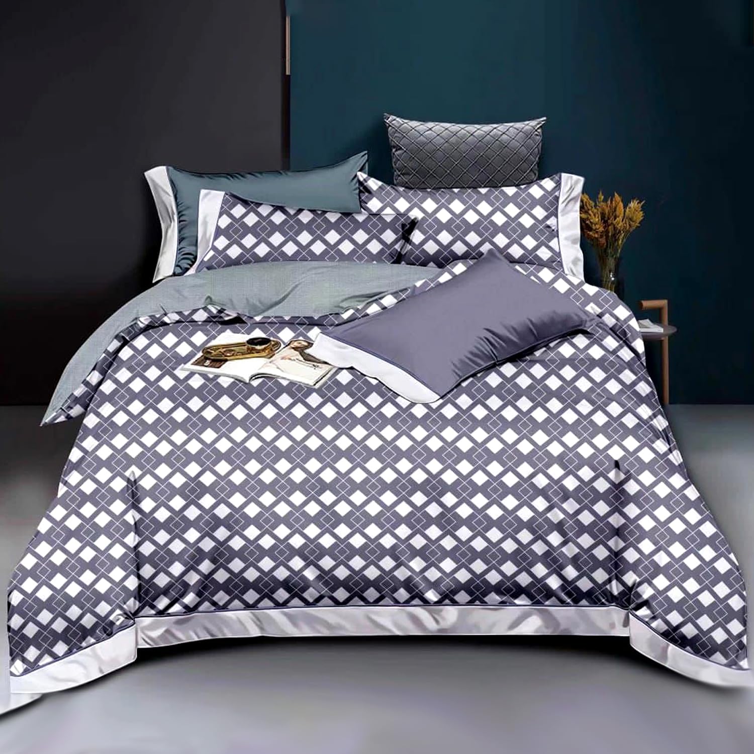 MOONCEE 6pcs King Size Fitted Bed Sheet Duvet Cover 220x240 With 4 Pillow Covers, High Cotton Blend Quality 6pcs King Bedding Set With Duvet Cover King Size- King (6FS17)