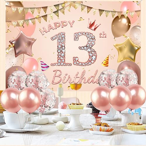 Miniatura 5 de Cartel de tela para decoración de cumpleaños número 13 para niñas de 13 años, cartel de tela para fiesta de cumpleaños de niña, fondo de foto rosa