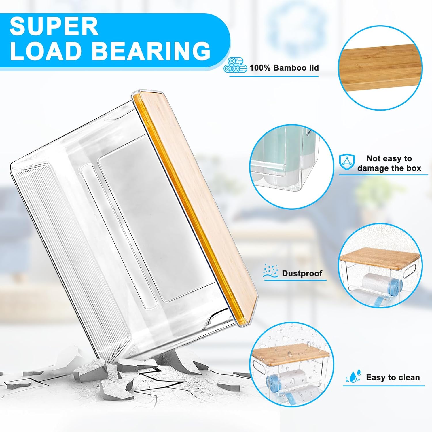 Riian Trash Bags Dispenser, Trash Bag Holder, Stackable Garbage Bag Holder with Bamboo Lid, Acrylic Storage Container for Under Sink, Laundry Room Organization and Storage (1 Pack) - Image 4