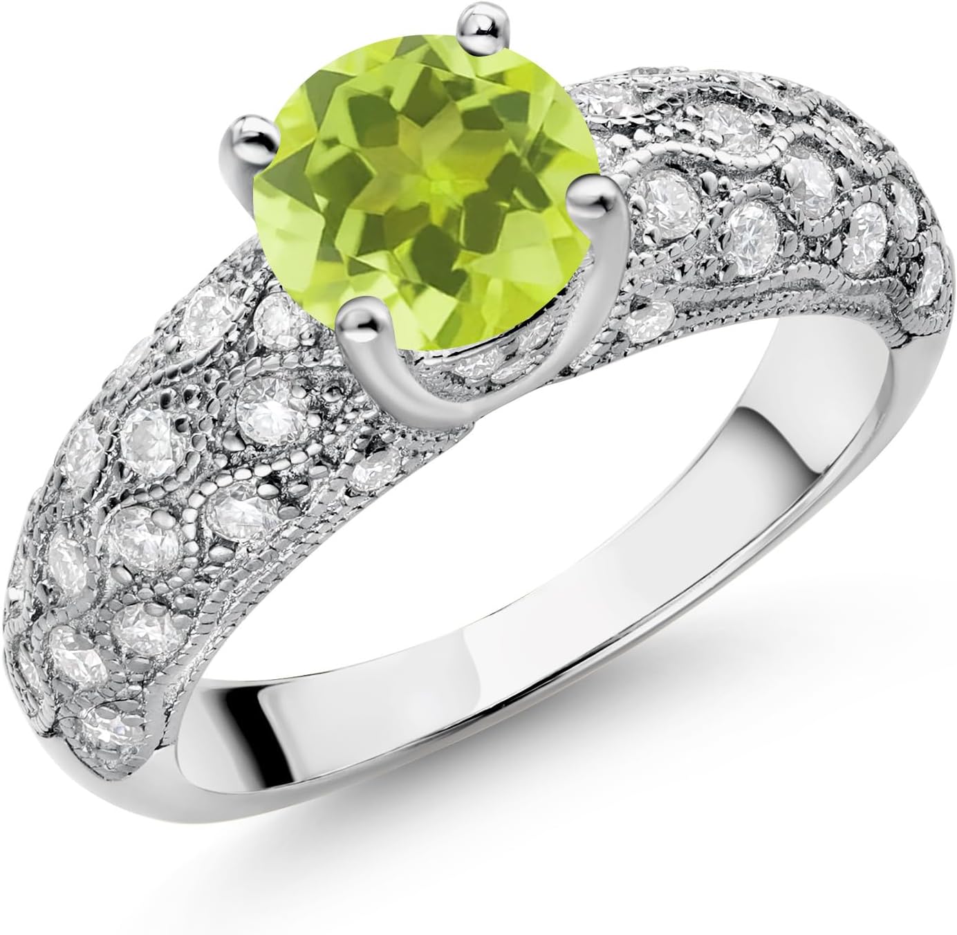 Gem Stone King 925 Sterling Silver Yellow Lemon Quartz and White Moissanite Engagement Ring For Women | 1.54 Cttw | Round 7MM | Gemstone Birthstone | Wedding Anniversary Ring