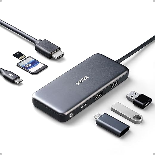 Anker USB C Hub, 341 USB-C Hub (7-in-1) with 4K HDMI, 100W Power Delivery, USB-C and 2 USB-A 5 Gbps Data Ports, microSD and SD Card Reader, for MacBook Air, MacBook Pro, XPS, and More