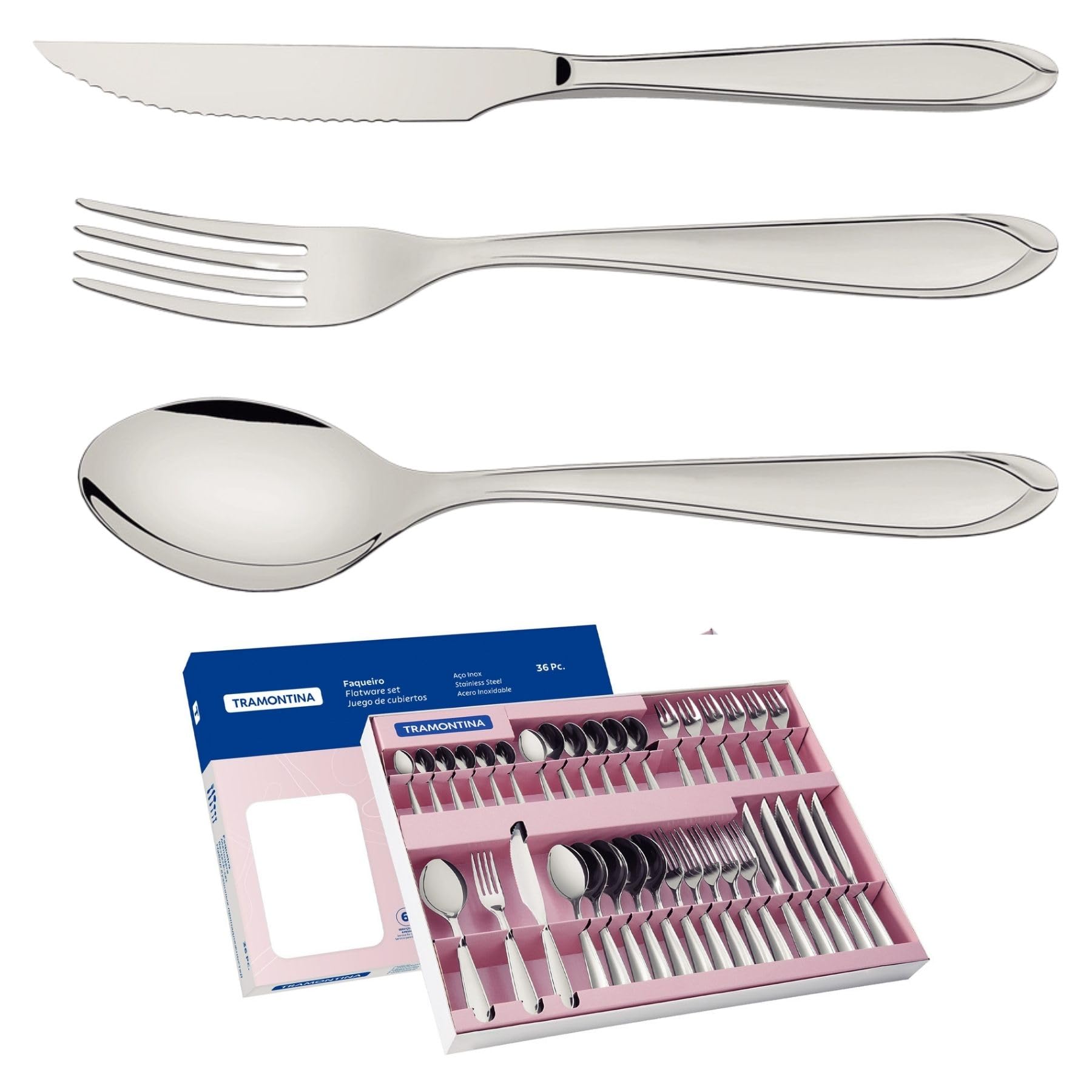 Faqueiro Aço Inox com Faca para Churrasco com 36 Peças Tramontina Laguna Prata