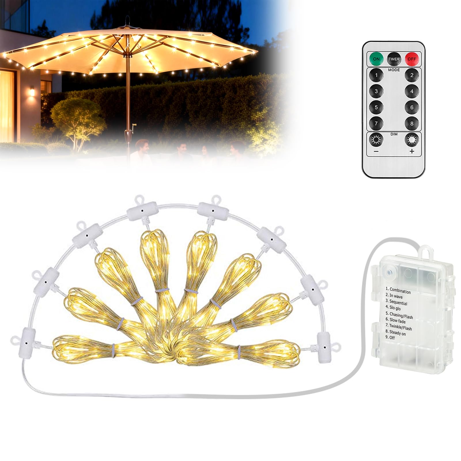 Sonnenschirmbeleuchtung, Sonnenschirm Lichterkette, 104 Led, 8 Modi, Led-Sonnenschirm-Lichterkette, Terrassenschirm-Lichter, Regenschirm Lichterkette Mit Fernbedienung, Batteriebetrieben