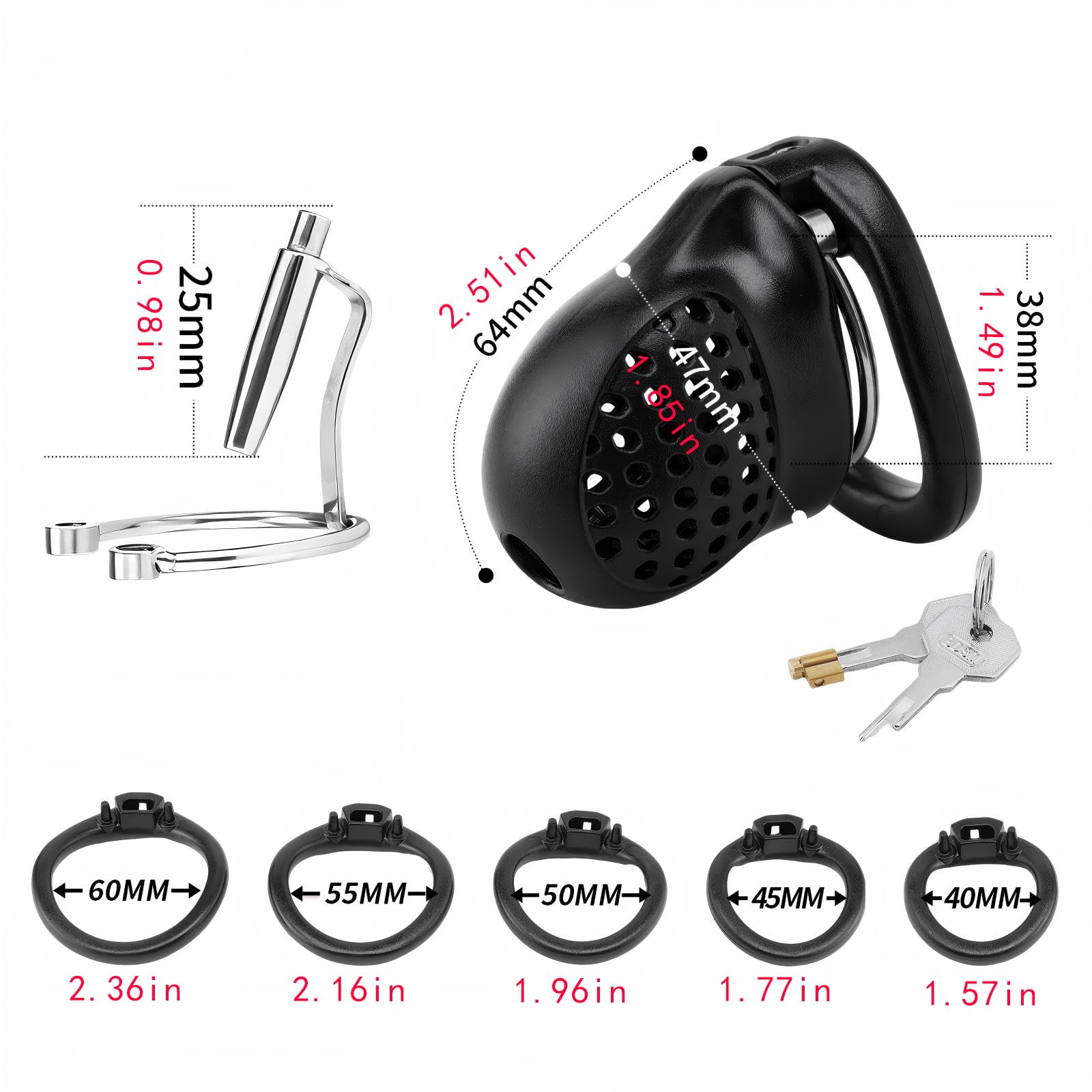 Chastity Cage PA Cage de Chasteté pour Pénis avec Cathéter Métallique et 5 Anneaux Différents Sex Toýs Homme Cage Chastetée en Plastique avec Serrure et Ceinture pour Bondage le Pénis (Black)