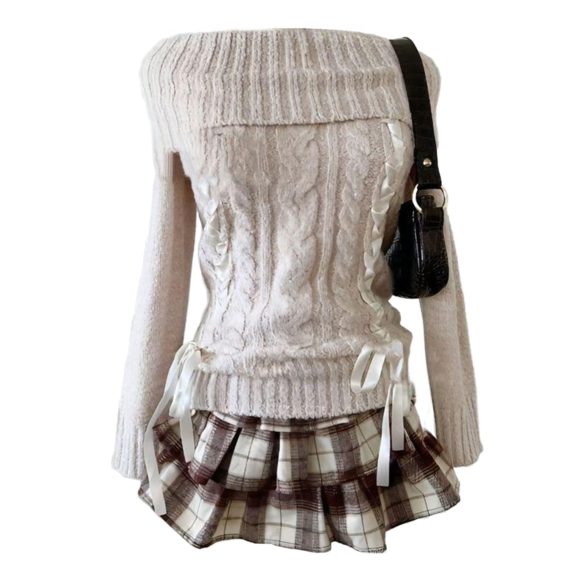 Striped Cable Knit Sweater Women Fold Over Off The Shoulder Sweater Fall Vintage Cute Y2k Tops 2000s Emo