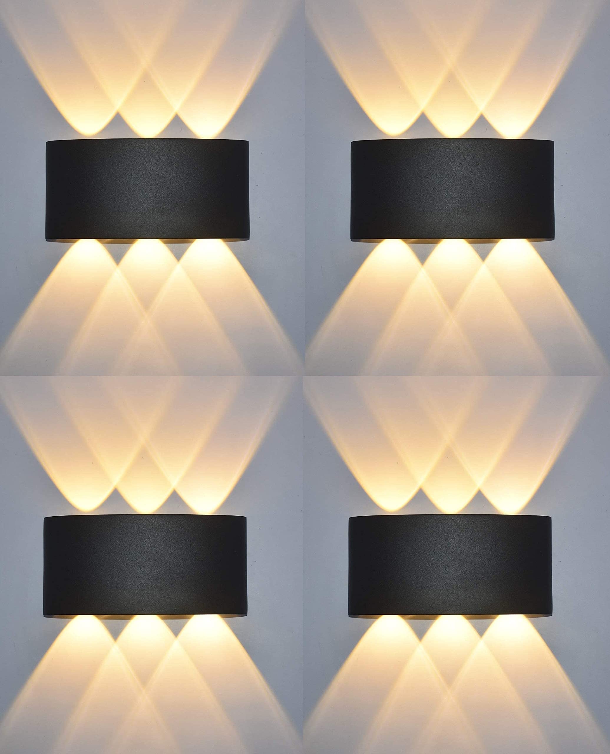 Desidiya® 12 Watts (Pack of 4) 6 Ray Oval Up-Down Outdoor LED Outdoor Waterproof IP65 Exterior Wall Step Light Fixture Waterproof Lamp Warm White, Black Body 6 Way Metal