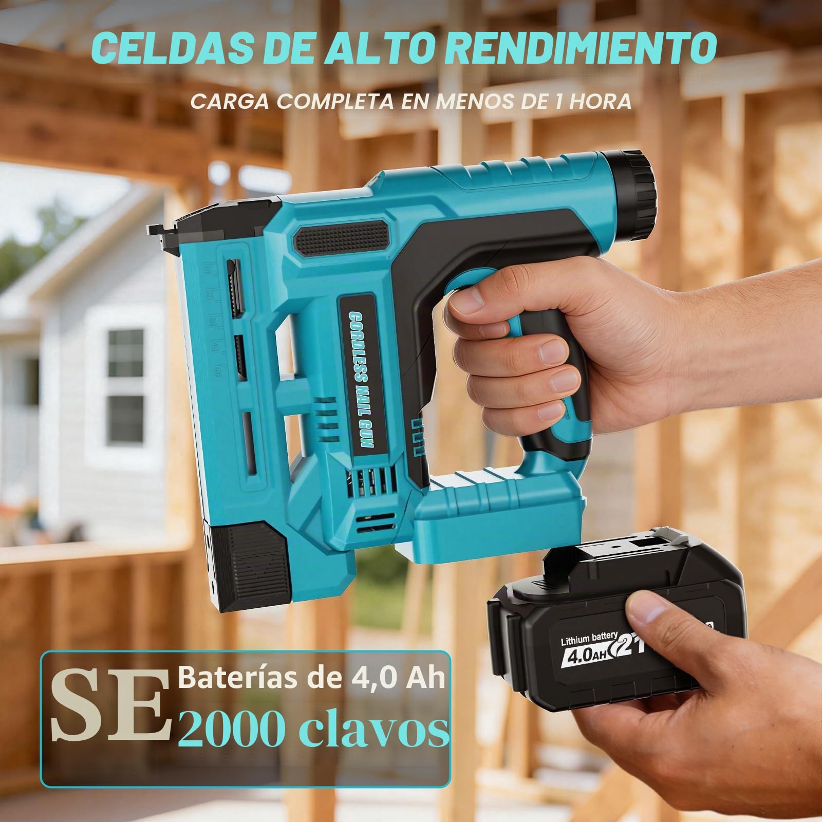 Clavadora a Batería 2 en 1 y Grapadora Eléctrica Compatible con Batería Makita 18V, con 1 Batería de 4.0 Ah, 1000 Clavos y 1000 Grapas – Ideal para Carpintería, Bricolaje y Tapicería