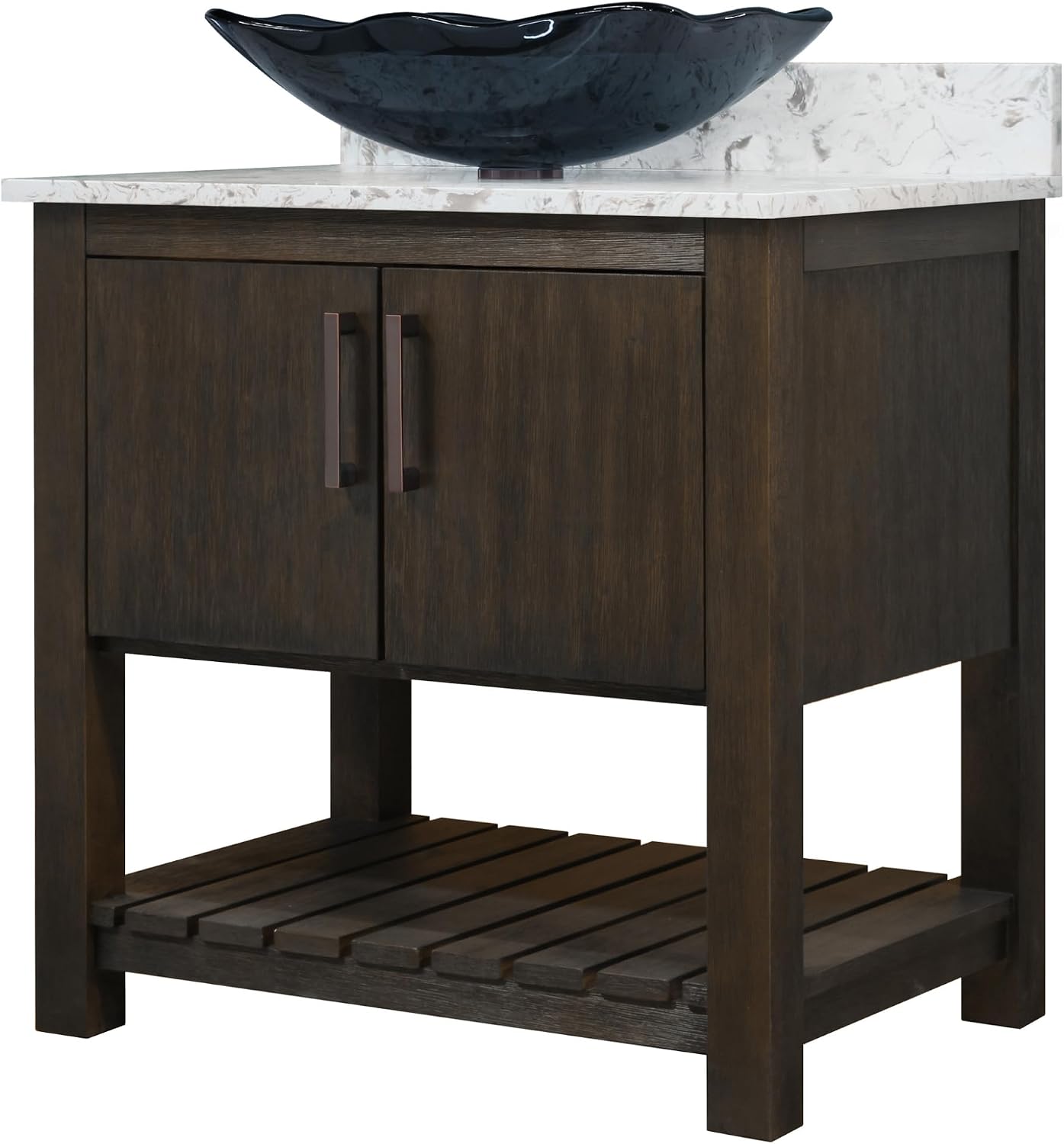 Miseno MV-30CM-NOBV-6001-317G 30" Free Standing Single Basin Vanity Set with Cabinet, Rectangular Glass Vessel Sink and Quartz Vanity Top - Cafe Mocha/Cafe Mocha Top/Chrome Hardware