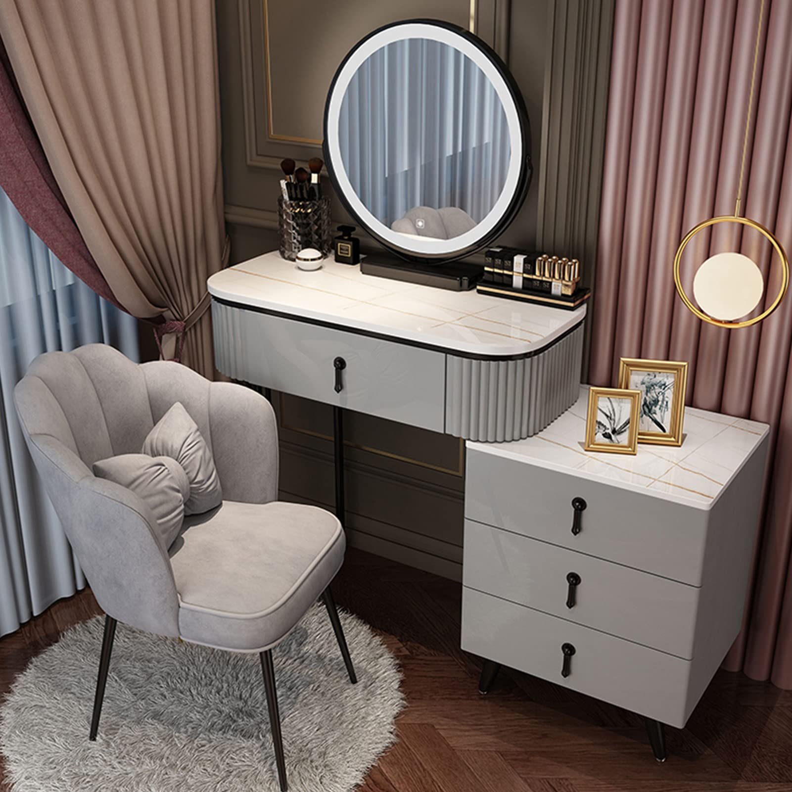 asdchZen Modern Dressing Table Set With Led Light Mirror, Movable Nightstand, Cushioned Stool, Stylish Makeup Vanity For Women & Girls-White, 100Cm/39.3In,Gray C-80cm/31.4in