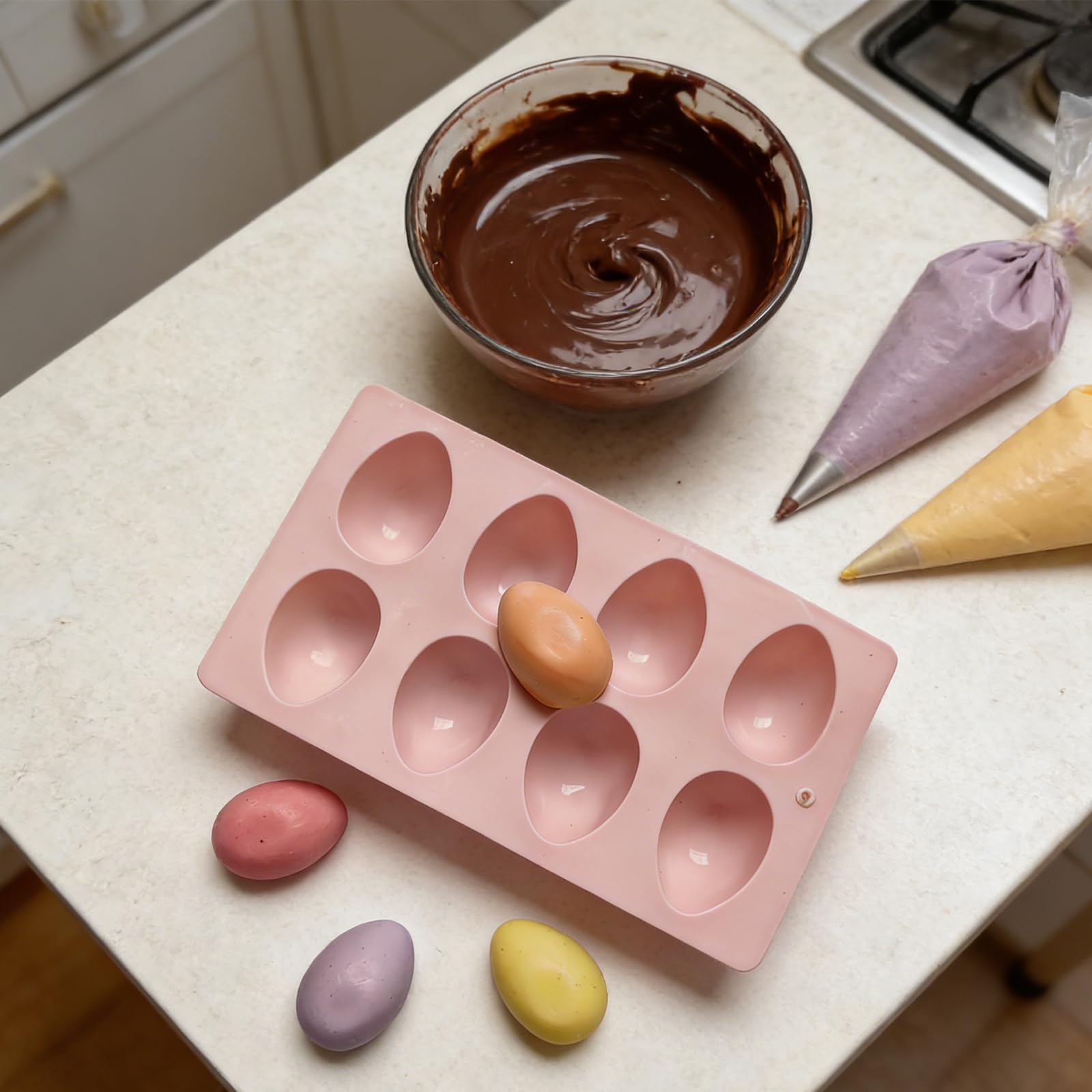 Confezione da 5 stampi in silicone per uova di Pasqua per cottura al forno, stampi per cioccolato a 8 cavità, antiaderenti, per congelatore, Mo
