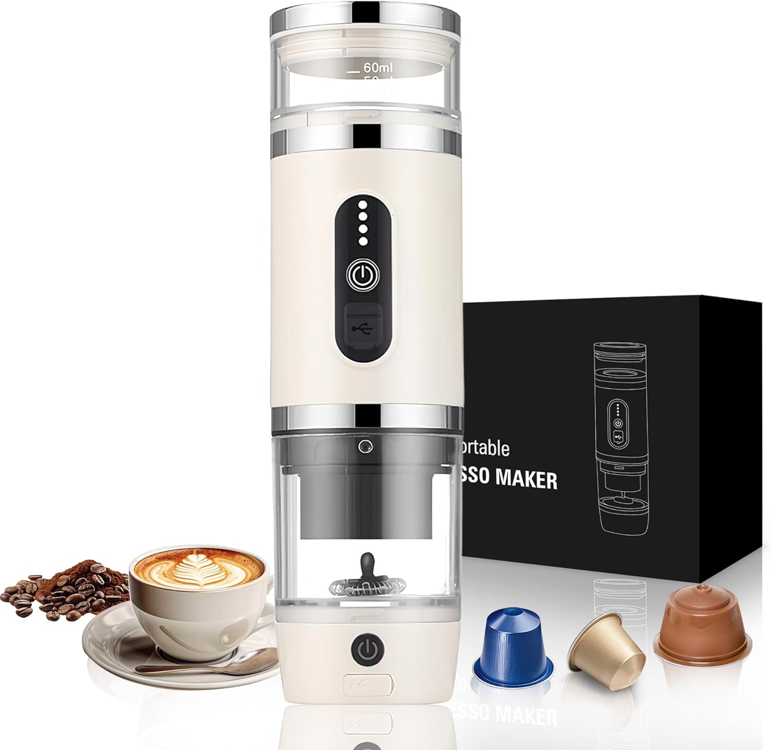 Bostar Máquina de Café Portátil con Espumador de Leche, 3 en 1 Eléctrica Portátil Expreso Recargable Cafetera Espresso para Cápsulas Pequeñas o Grandes y Café Molido para Oficina Viaje Camping (Beige)