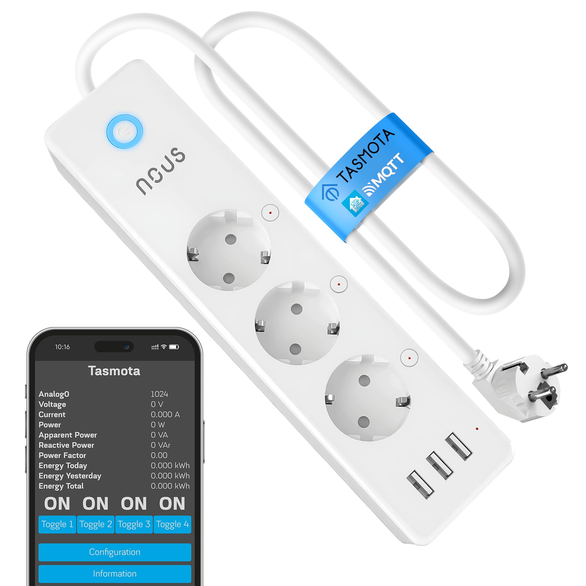 Tasmota Nous A5T Multiprise WiFi Intelligente, 3 Prises + 3 Ports USB, Compatible avec Assistant Vocal, Alexa, Home Assistant, Mesurer la Consommation électrique, Protection Surtension, 1.5m