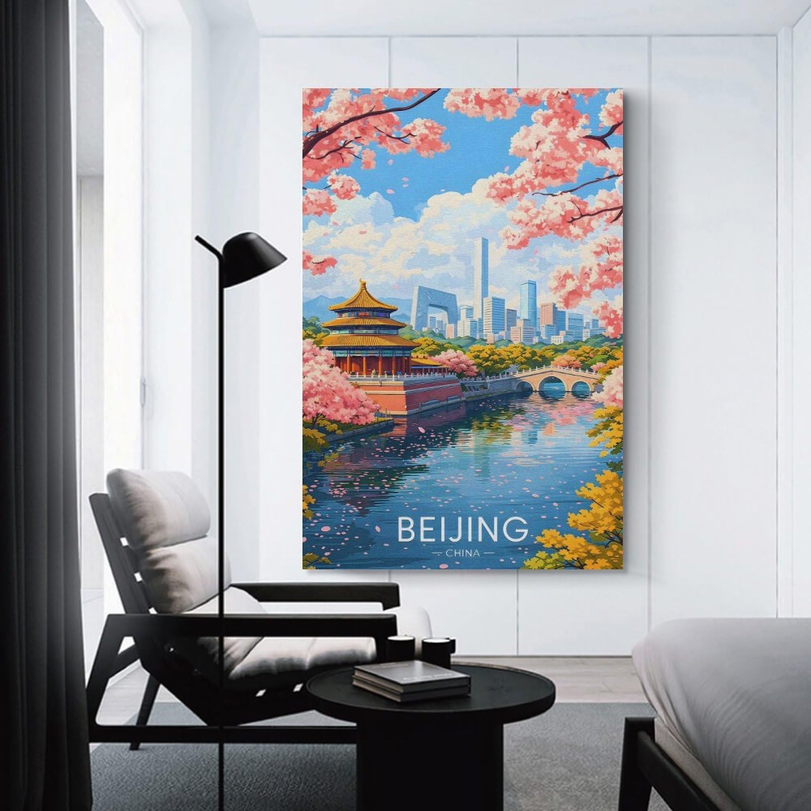 Junmoney Unframe-Style-13-1 Beijing Cityscape With Cherry Blossoms Canvas Wall Art 08X12inch(20X30cm), For Office Decor, Home Working Or Creative Rooms, Wall Art That Adds Style To Work Areas
