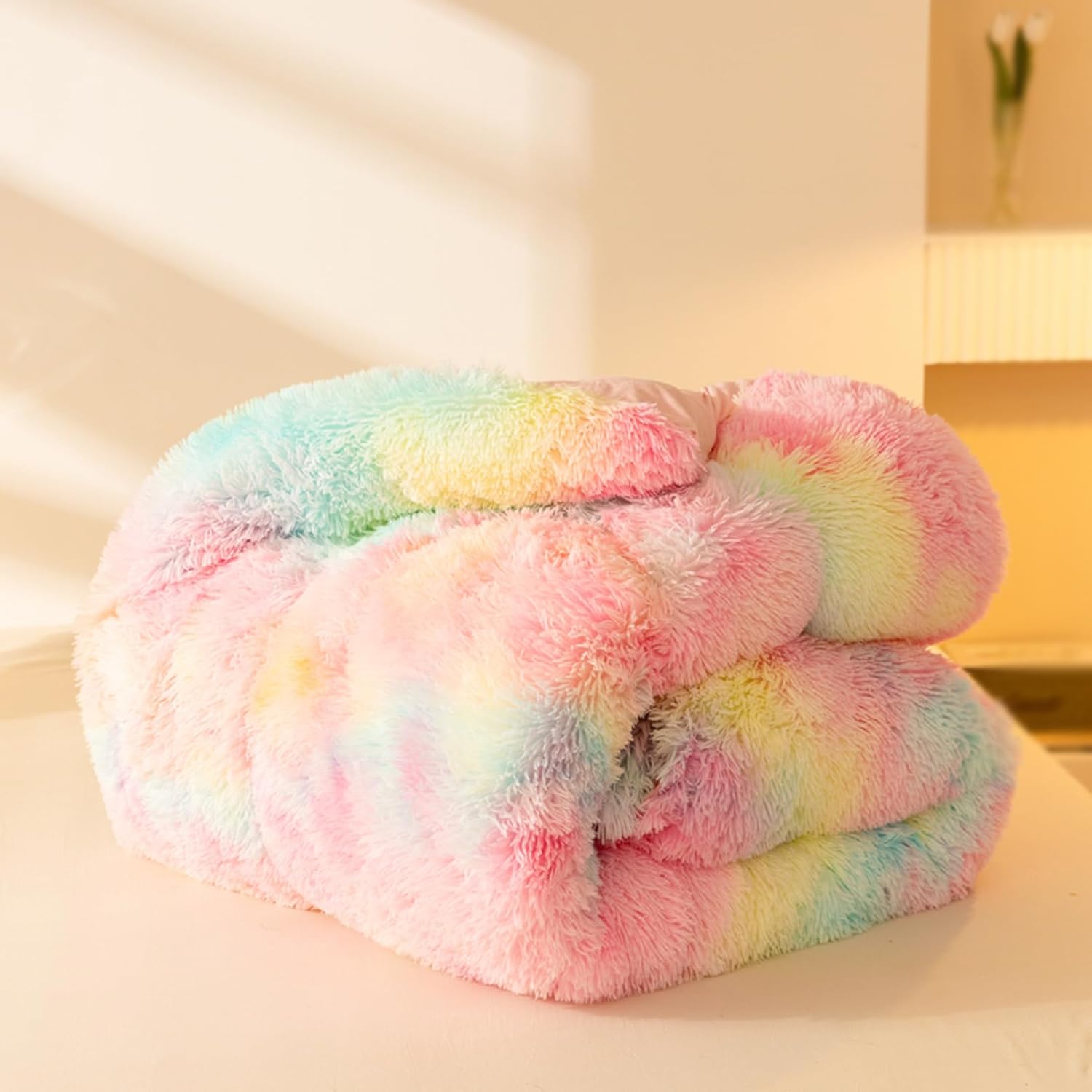AETVRNI Luxury Thick Fluffy Faux Fur Comforter Queen Size, Big Heavy Winter Warm Comforter Set, Ultra Soft Thick Blanket All Season Plush Shaggy Bedding 1 Piece,Rainbow,Queen - Image 7