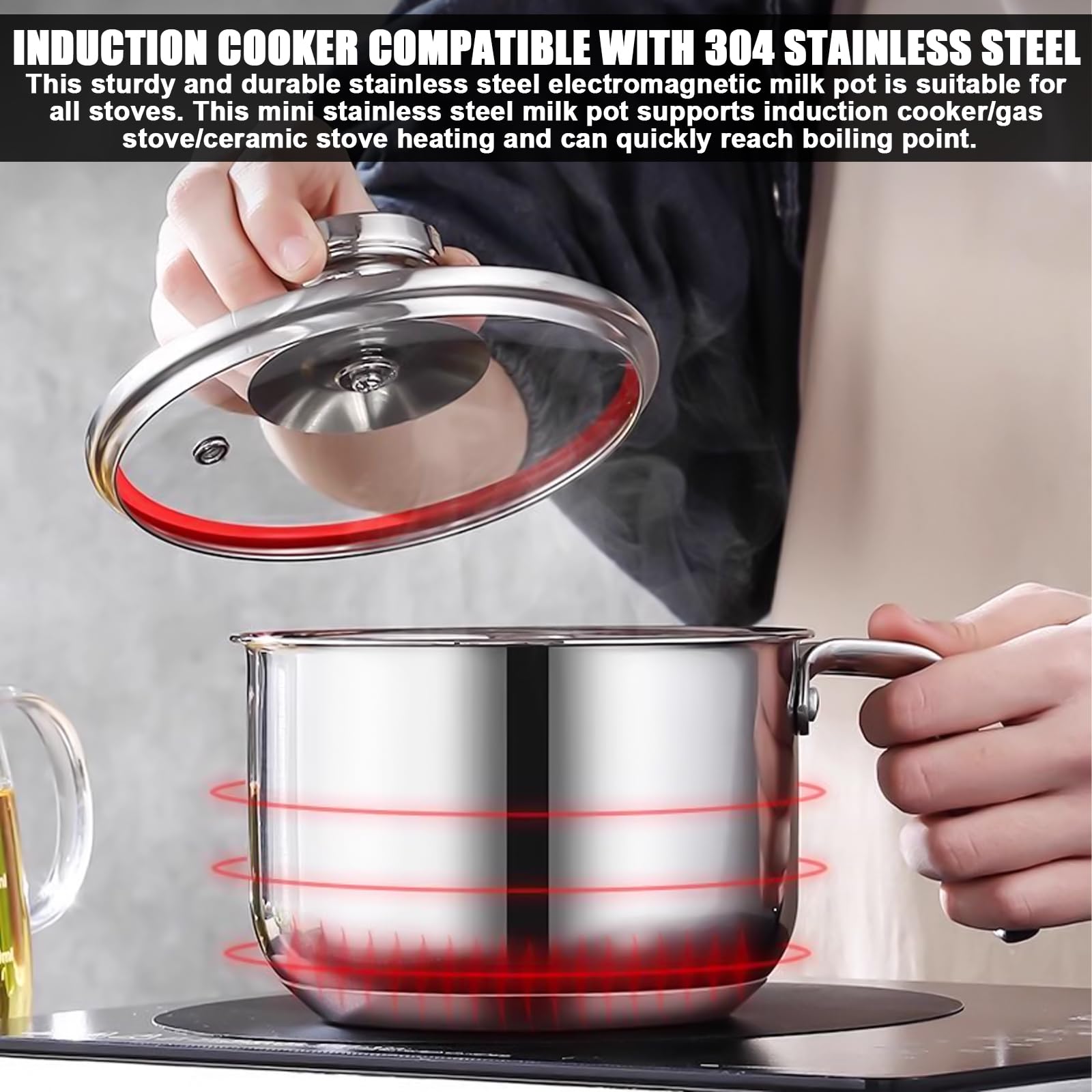 Pentola per latte a induzione in acciaio inox: mini pentola da 14 cm, per latte e porridge (304 acciaio/10 cm di profondità)