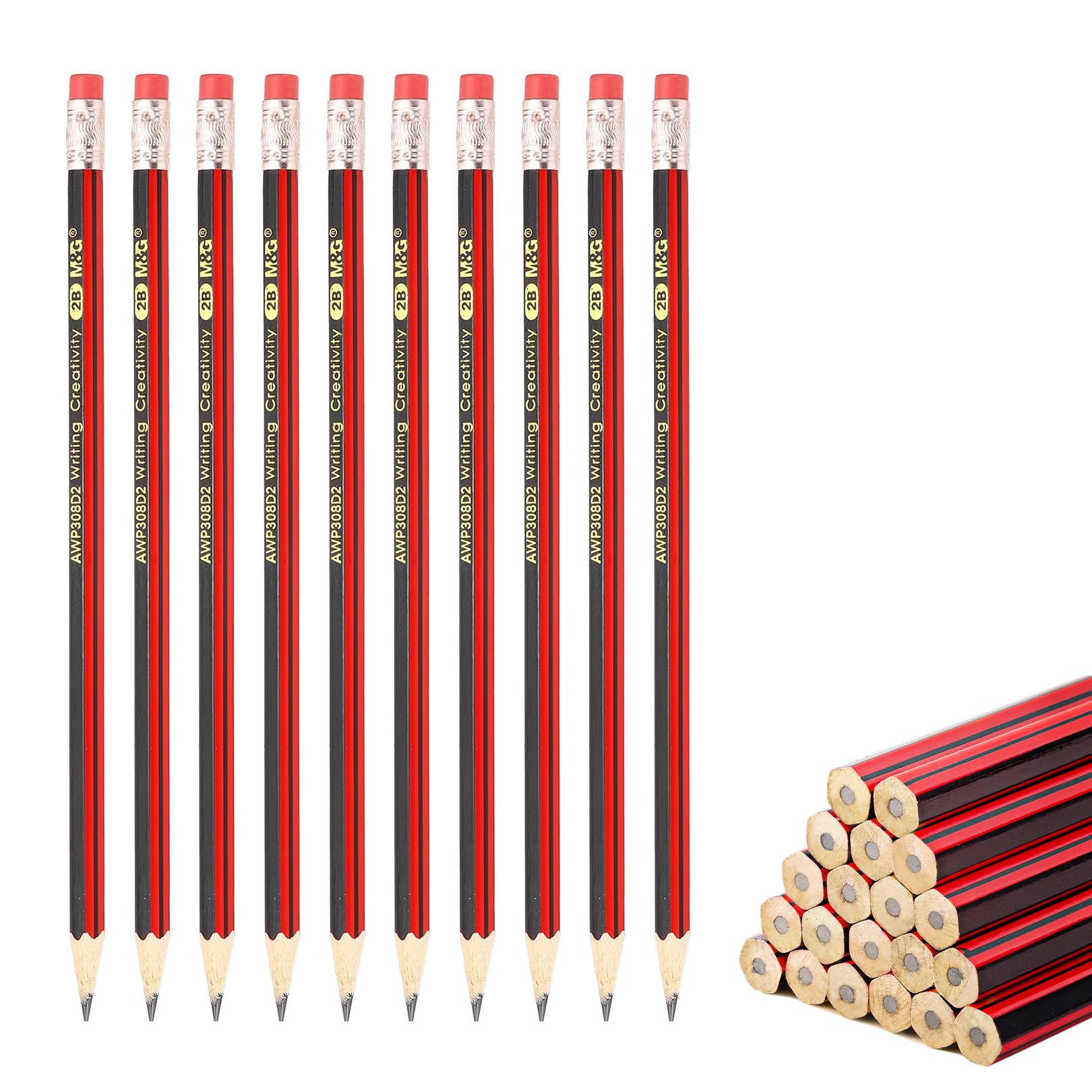 CWWYQ 10 Pcs 2B Graphite with rubbers, Wooden Hexagonal Pencils, Penci for School, Sharpened Pencil for Kids Teachers Writing Graphiting, School Writing Wooden Red & Black Pencils Set