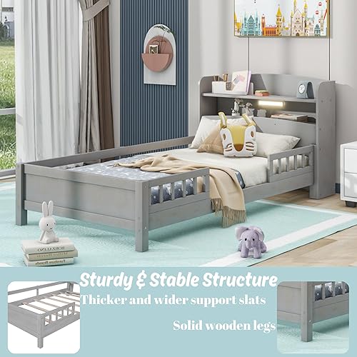 Miniatura 3 de Base de cama individual con cabecera de almacenamiento y rieles para vallas, camas de plataforma baja de madera con luz LED y soporte de listones