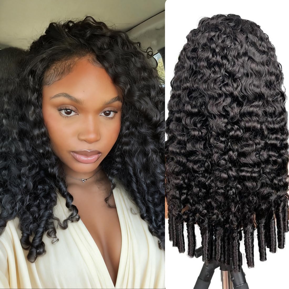 Amella Half Wig Human Hair Burmese Curly Wig for Women 200% Density 3 In 1 Seamless Flip Over Half Wigs Beginner Friendly Wear Go Drawstring Wig No Glue No Sew Natural Color & Easy Install（18inch）