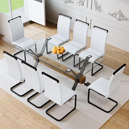 Miniatura 23 de Juego de mesa de comedor de cristal de 71 pulgadas para 6 personas | Juego de mesa de comedor moderno para 6 con sillas de piel sintética | Mesa de