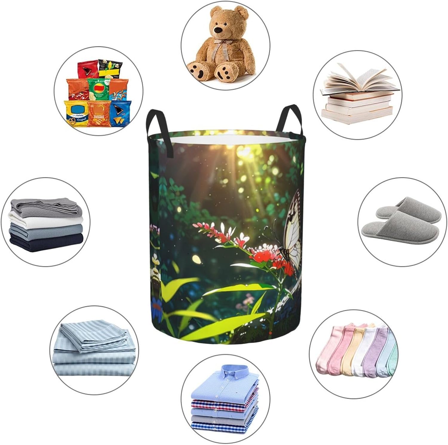 Butterfly collecting nectar Round Single-layer Laundry Basket, Portable Storage Laundry Basket, Bedroom Clothes Storage Basket with Handle