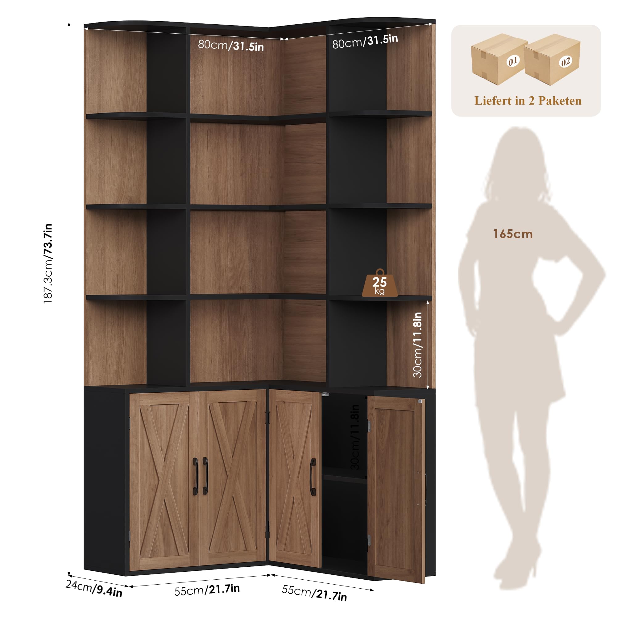 FirFurd 187cm Bücherregal mit Türen， Eckregal mit 12 Fächern L-förmiger | Bücherschrank mit Türen, Bücherregal, Hochschrank Regal für Wohnzimmer, Büro, Arbeitszimmer, 187x80x80cm
