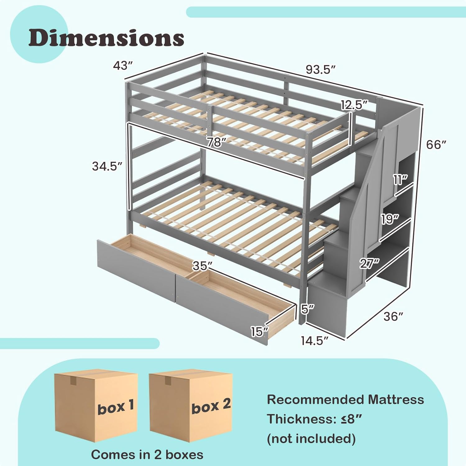 Giantex Bunk Bed Twin Over Twin with Storage Stairs &