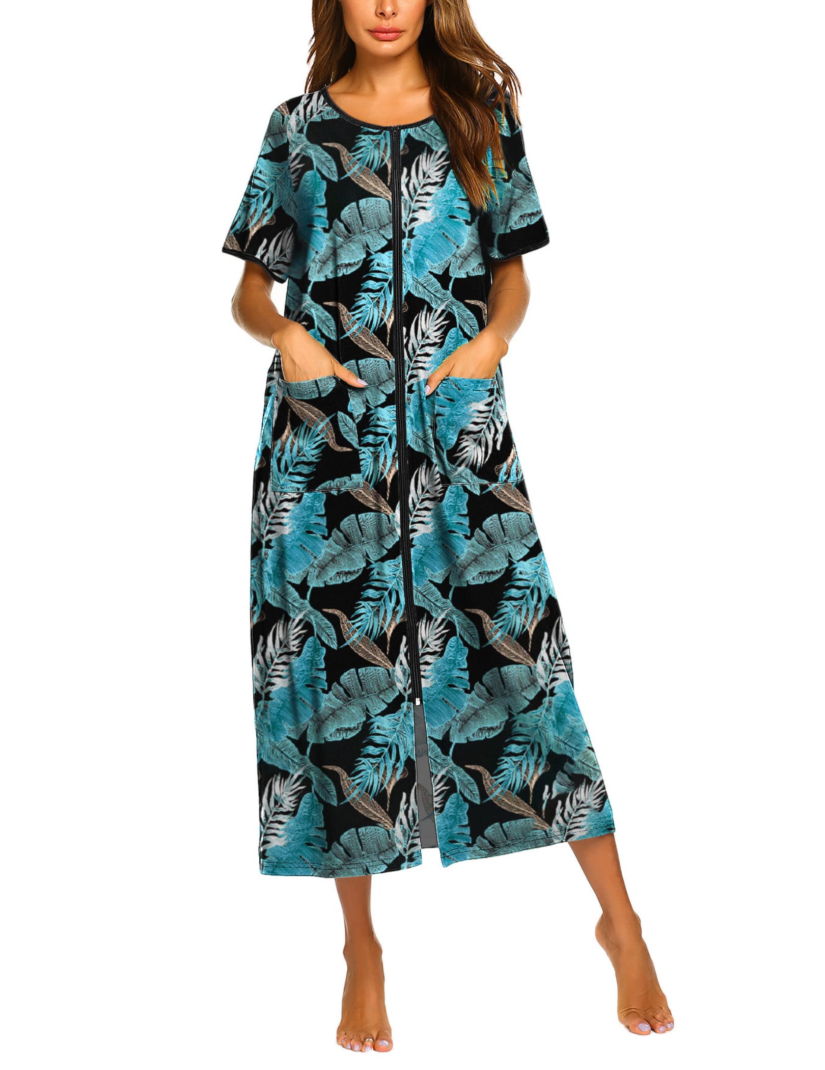 Ekouaer Women Robes Zipper Front Short Sleeve Full Length Housecoat with Pockets Loungewear S-4XL