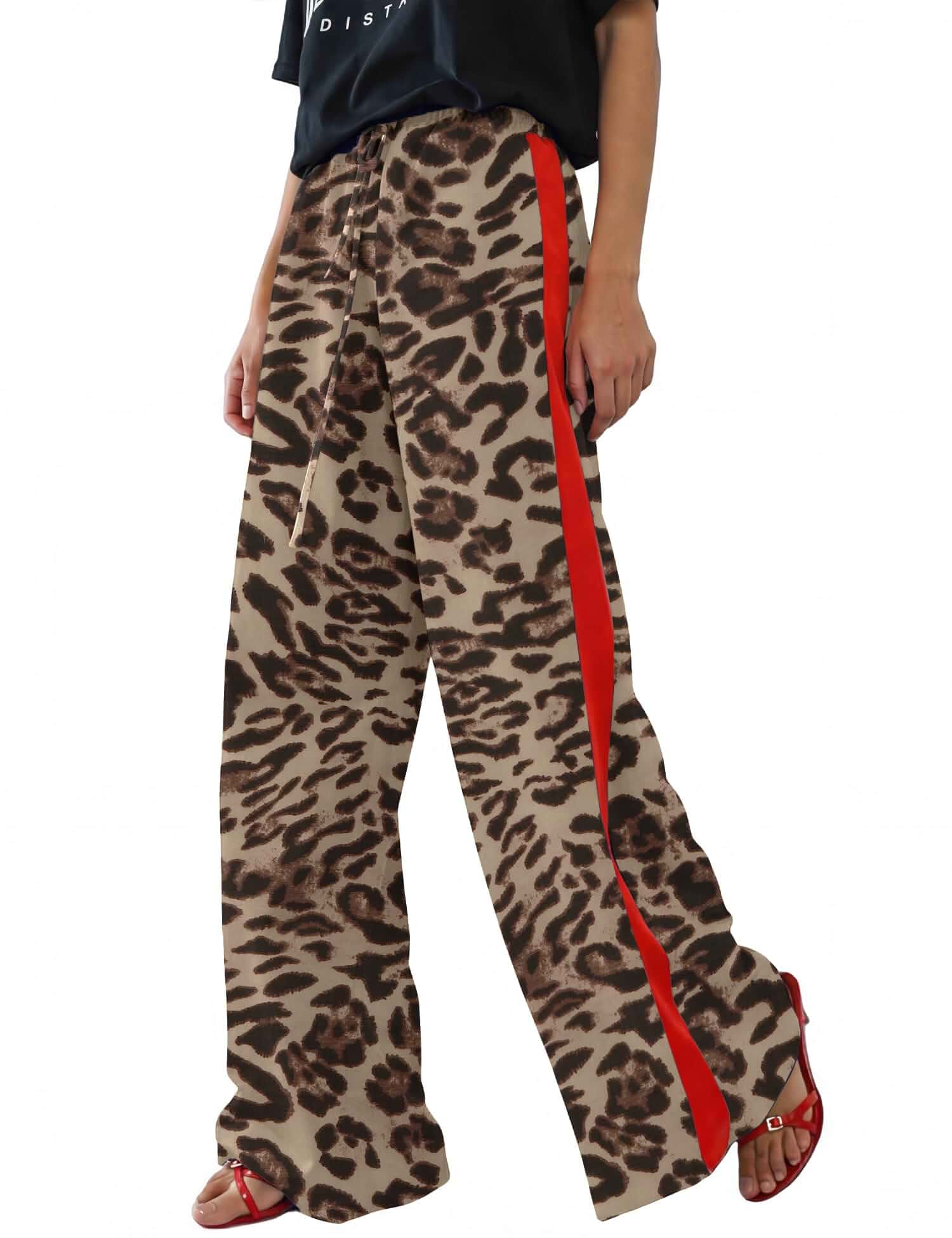 Rapbin Womens Leopard Wide Leg Pants Flowy Side Striped Palazzo Trousers Leopard print pants, Flowy wide-leg fit, Side stripe detail, Elastic drawstring waist, Pockets, Vacation lounge