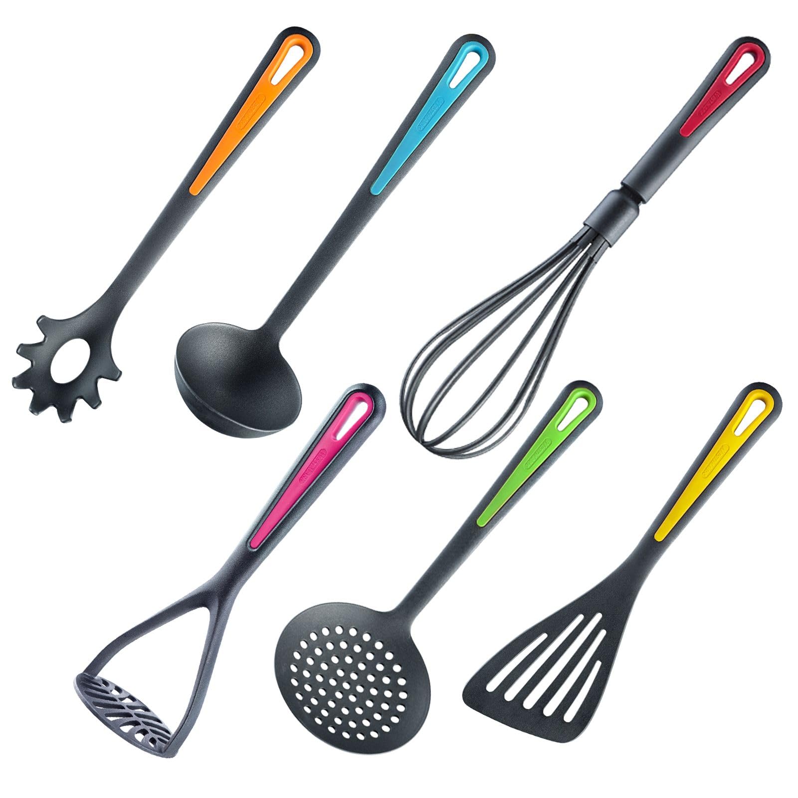 Westmark Set di utensili da cucina, 6 pz., Paletta, Schiumarola, Cucchiaio per spaghetti, Mestolo, Schiacciapatate, Frusta, PA, Colour Edition, 290222E6