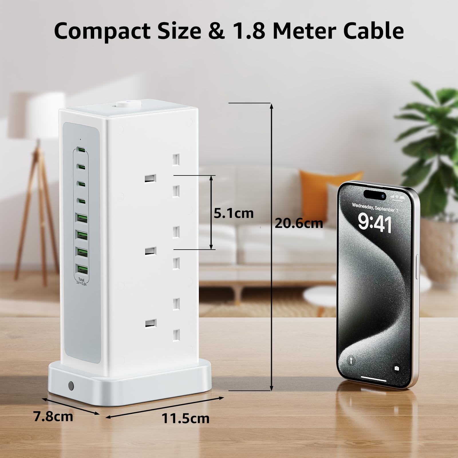 Tower Extension lead with USB Slots,6 Way (13A/3250W) Plug Extension Socket with 4 USB C & 4 USB A, Overload Protection Power Strip with Switch 1.8M Extension Cable for Office, Home, Kitchen — view 7