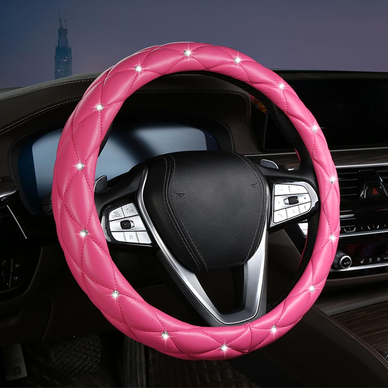 Diamond Steering Wheel Cover with Crystal Rhinestones for Car Interior Accessories Anti-Slip Faux Leather Auto Universal Fit 15 Inch (Pink)