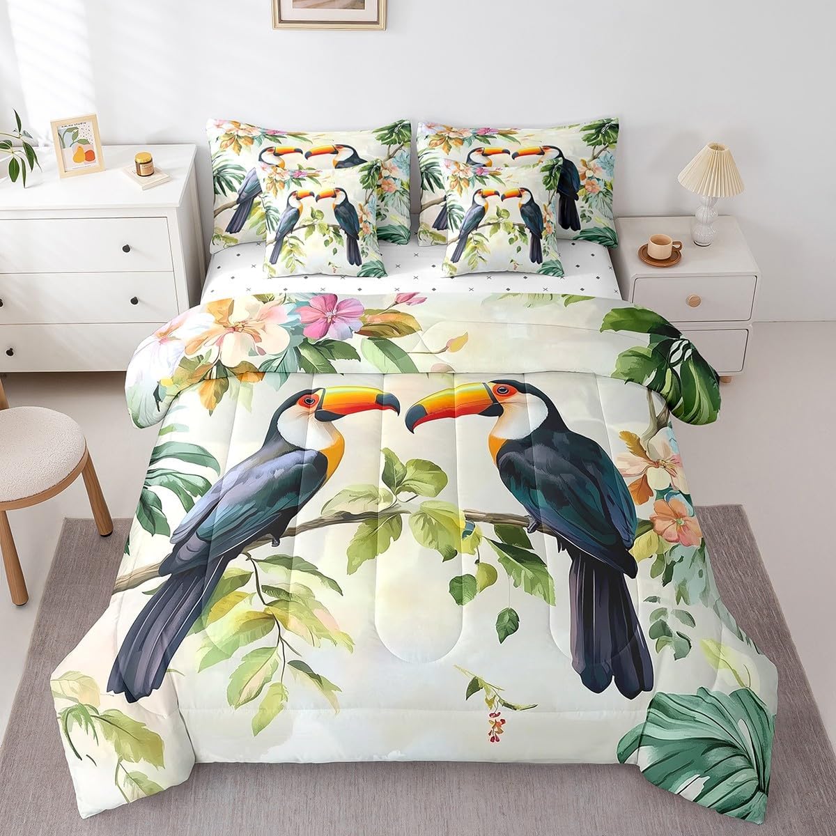 Full Size 7 Pieces Comforter Set Toucan Bed Sheet Tropical Jungle Bird Animal Bedding Sets White Reversible Bed Sheet Sets(1 Comforter 2 Pillowcases 1 Flat Sheet 1 Fitted Sheet 2 Throw Pillow Covers