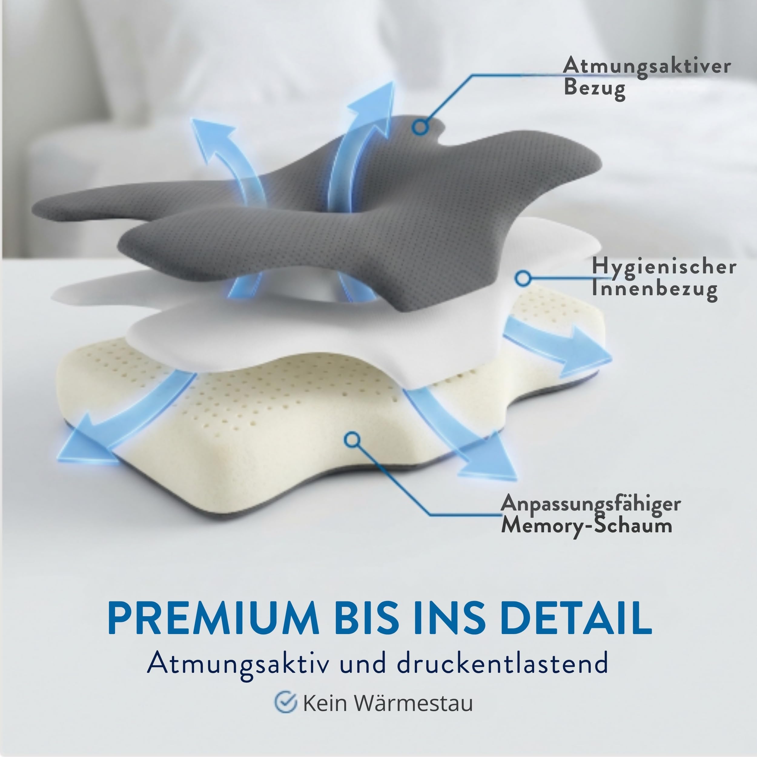 Nacken Therapiekissen Premium – Orthopädisches Kopfkissen aus Memory Foam gegen Nackenschmerzen, 2 Höhen für Seiten-, Rücken- & Bauchschläfer, Hellgrau/Grau