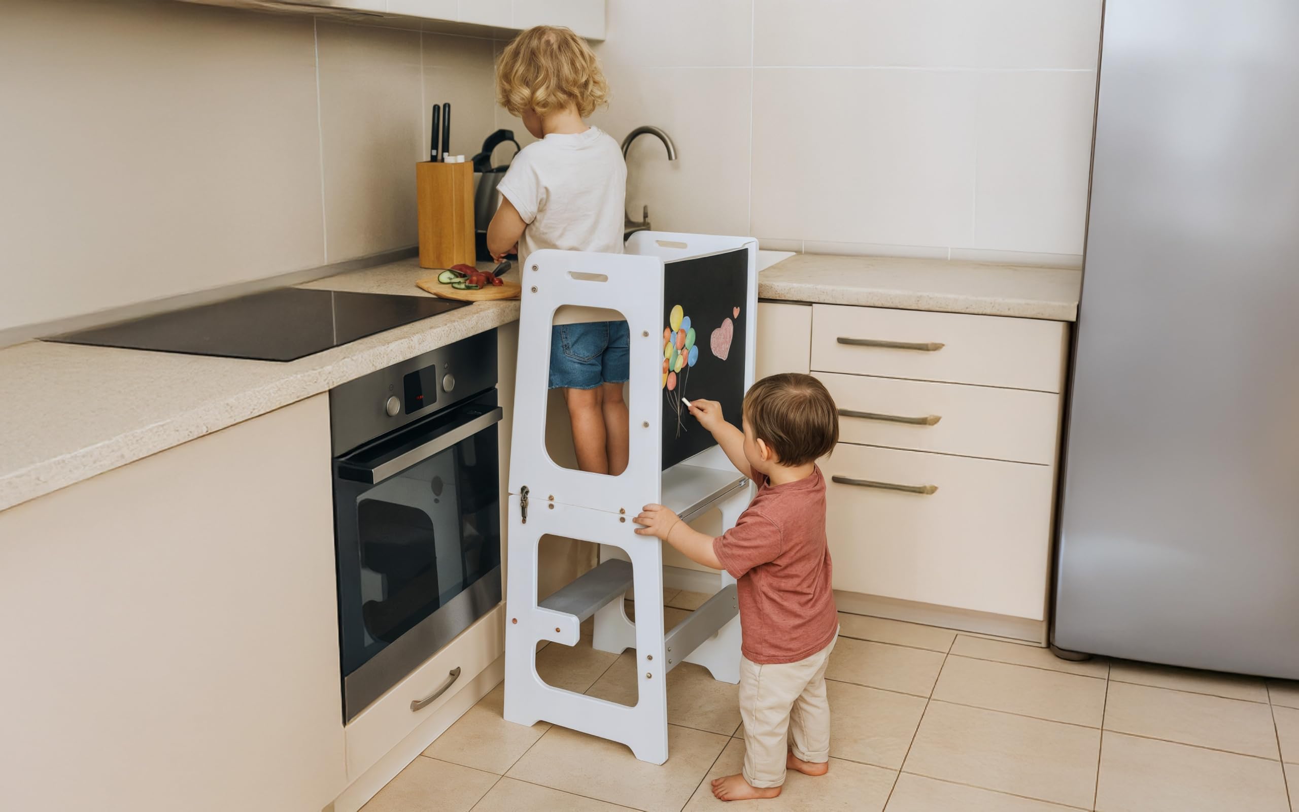 Tulano Mooby 35 | Montessori wieża edukacyjna 3 w 1 z tablicą i stołem | pomocnik kuchenny dla dzieci | pomoc w stanie z pedałem i listwą bezpieczeństwa | meble MDF do pokoju dziecięcego i kuchni | 1
