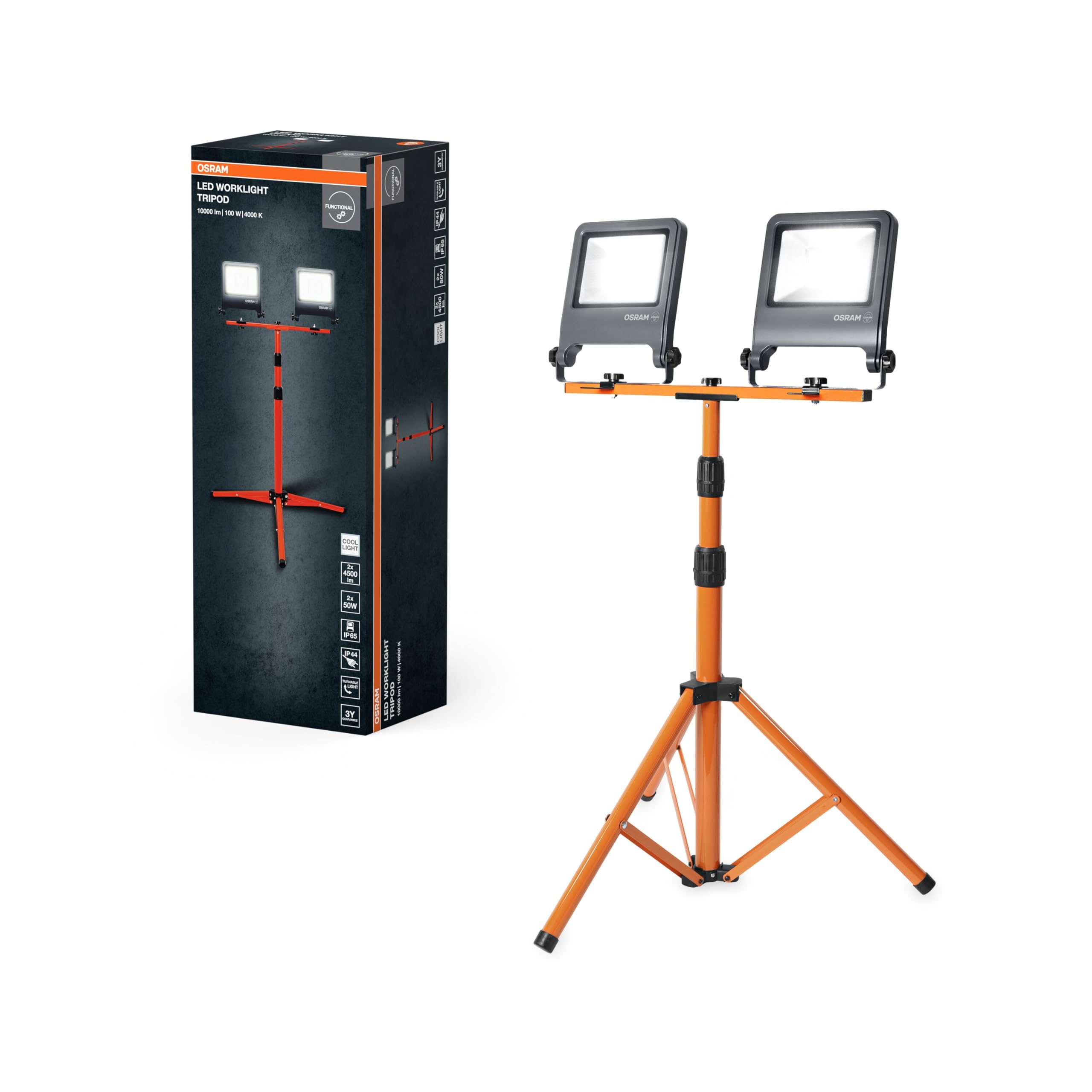 Osram Worklights Tripod, Arbeitslicht mit 2x50W Strahler und Stativ, 4000K, 2x4500 Lumen | LED Worklight Tripod, Outdoor Lighting (Special), Dunkelgrau, 30000 h, 1-Pack
