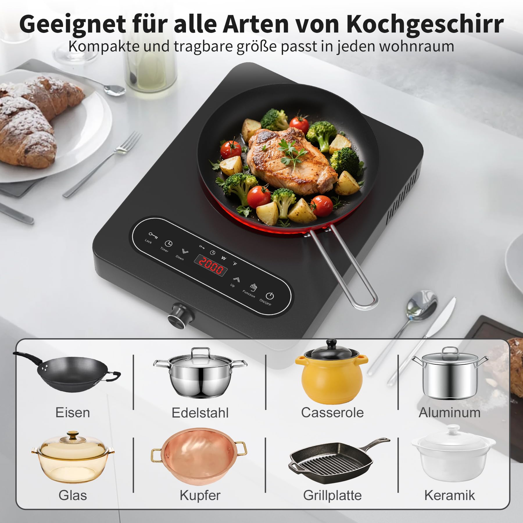 VBGK Glaskeramik Kochfeld 1 Platte, 220V, 2000W, Kochfeld mit LED-Touch-Bedienelementen und Drehreglern, 10 Leistungsstufen, 4-Stunden-Timer, Sicherheitsverriegelung Herdplatte mit Stecker