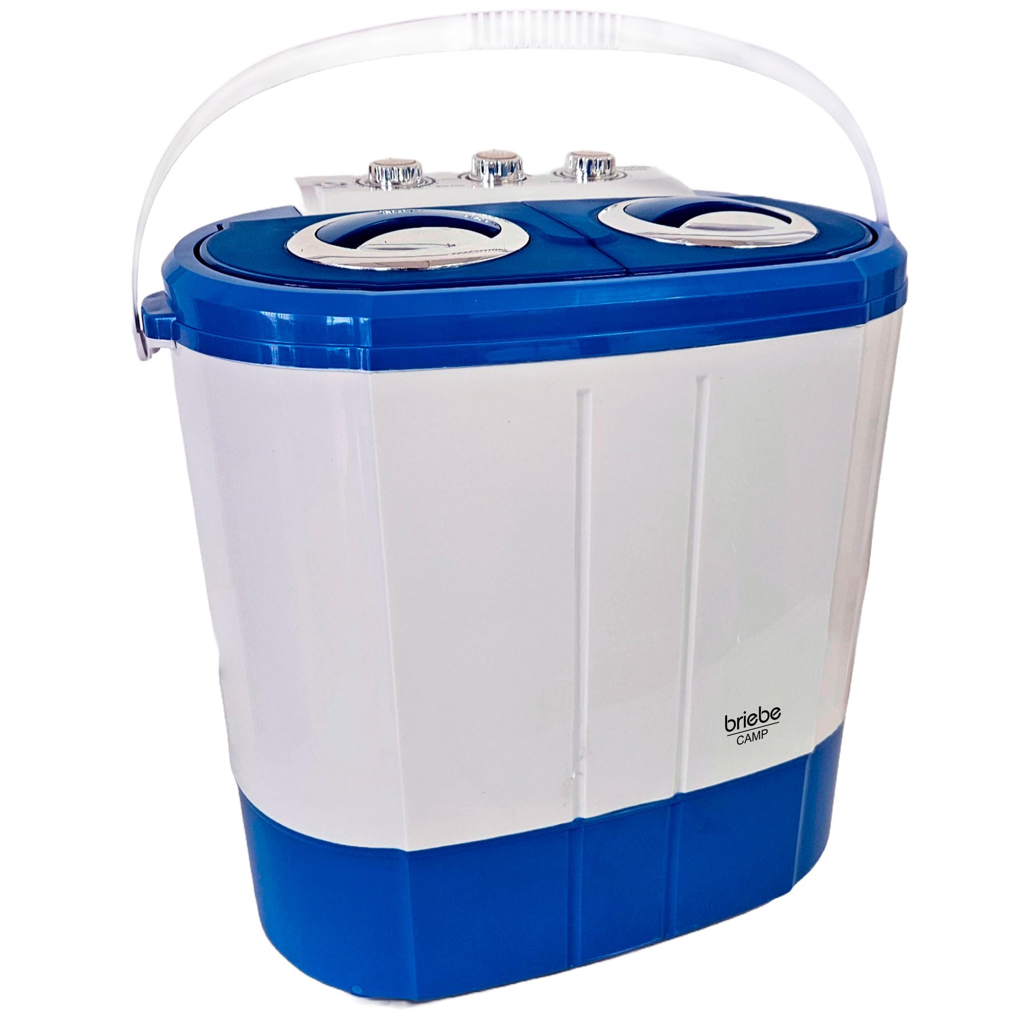 briebe Camp - Mini Lavatrice Portatile con Centrifuga, Campeggio, Capacità 3 kg, Ideale per Viaggi, Roulotte, Camper, 2 Scomparti, Caricamento dall'alto, Nessuna installazione, Blu/Bianco