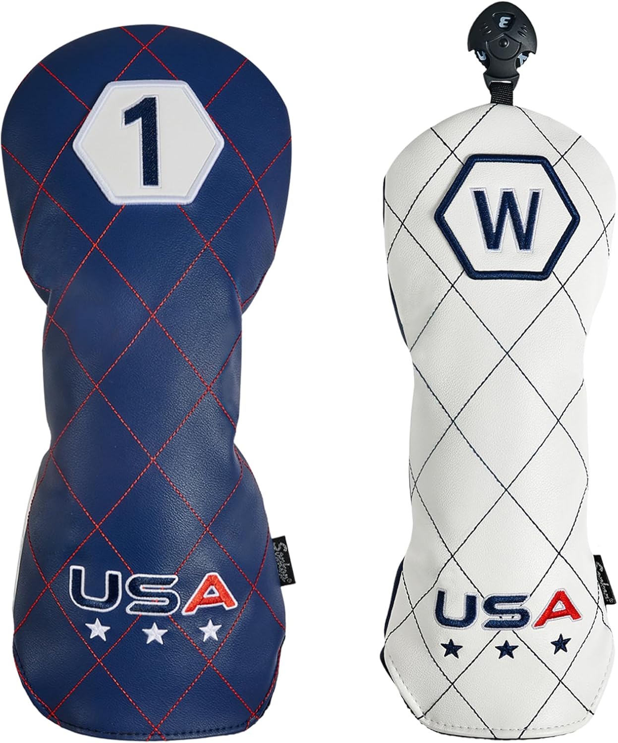 Golf Driver Head Covers (Blue) & Wood Headcovers (White), USA Golf Club Covers, Waterproof Thick Plush Lining, Universal Fit for Golf Clubs