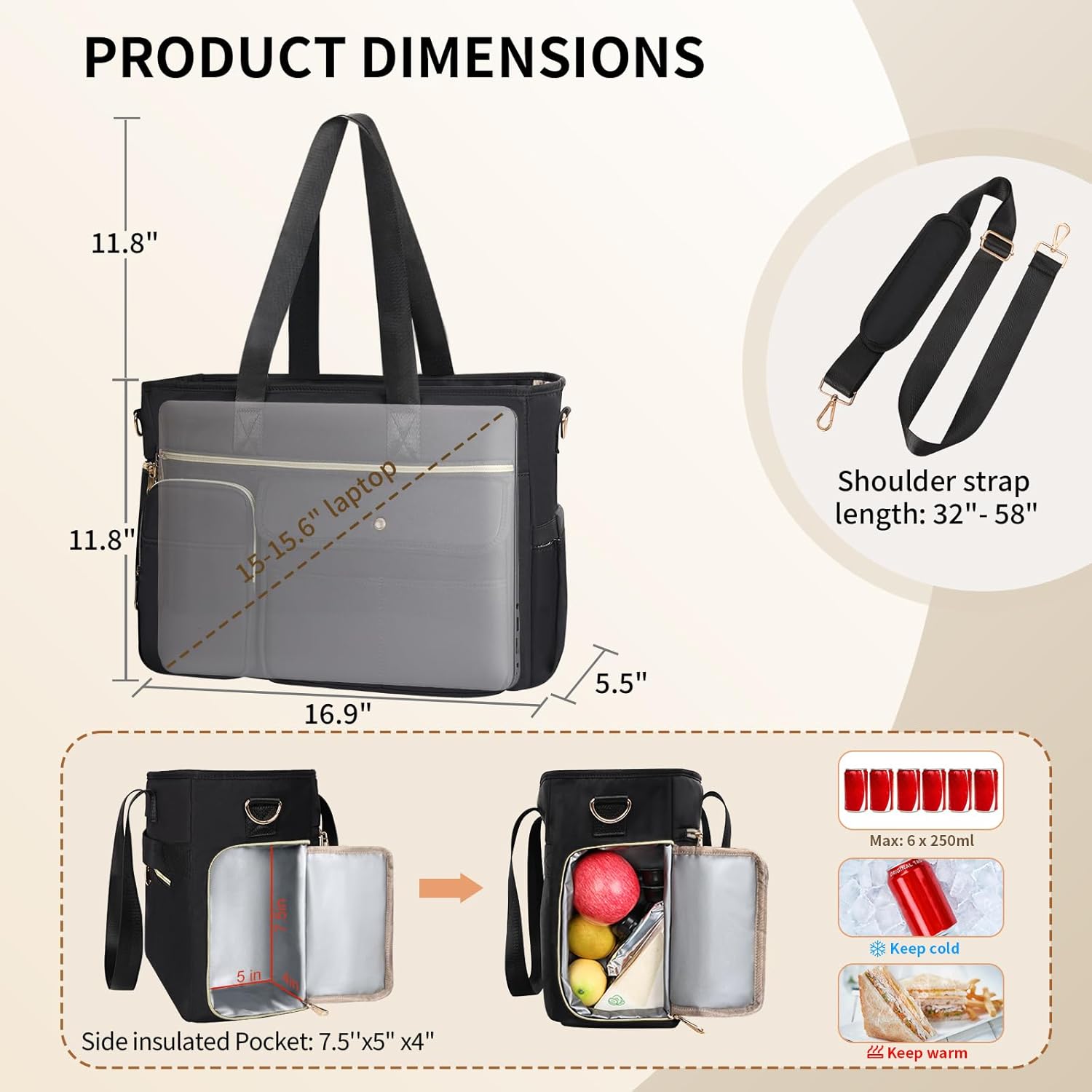 ESTARER Women Teacher Tote Bag 2Pcs, 15.6'' Laptop Work Bag Computer bag with Expandable File Folder, Large Water-Resistant Messenger Shoulder bag w/Insulated Pocket for Office/Travel/College, Black