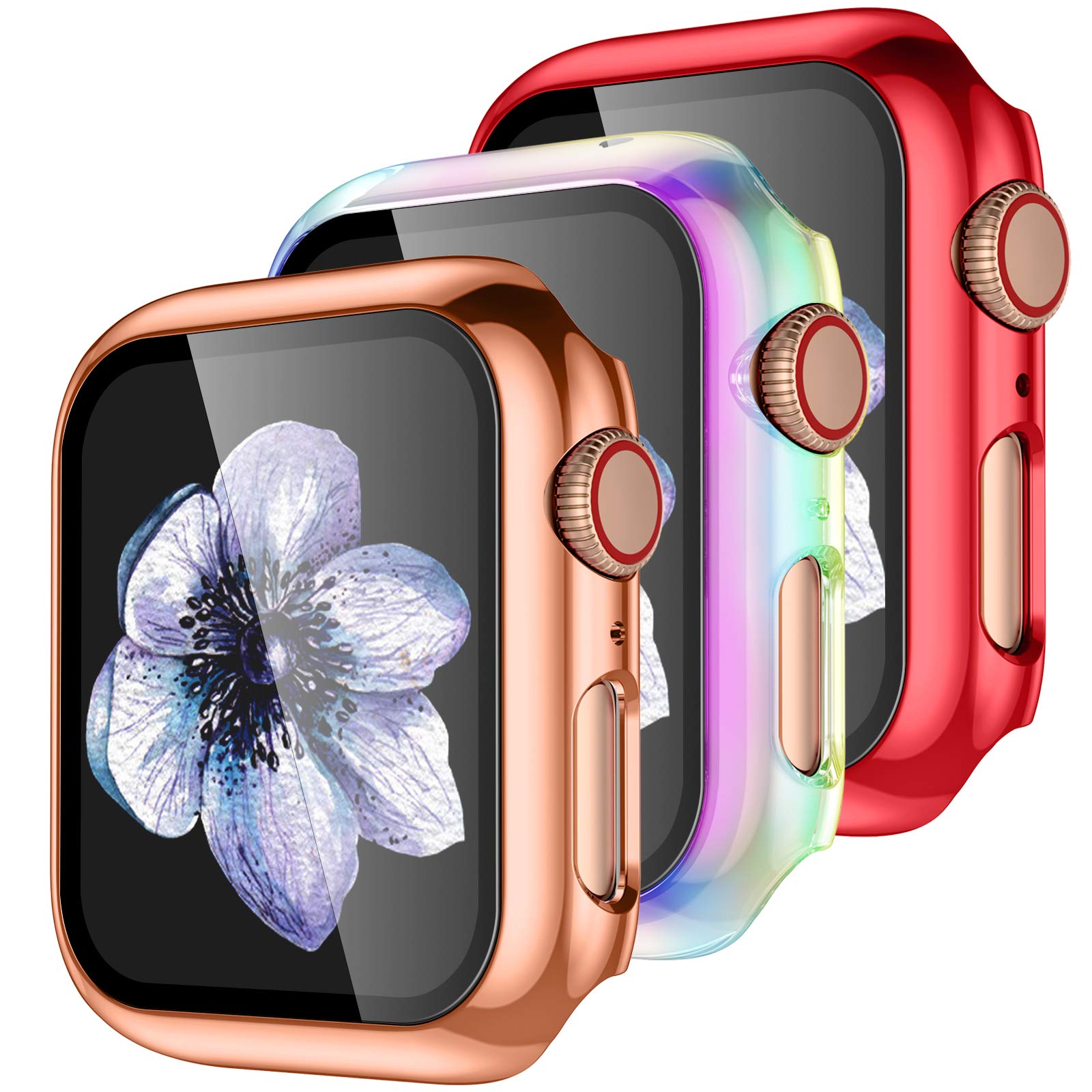 Easuny【3 Pack】 Design for Apple Watch Case 40mm Series 6 SE 5 4 with Built-in Glass Screen Protector - Overall Protective Hard Cover Accessories for iWatch Women Men,Rose-Gold Red Colorful