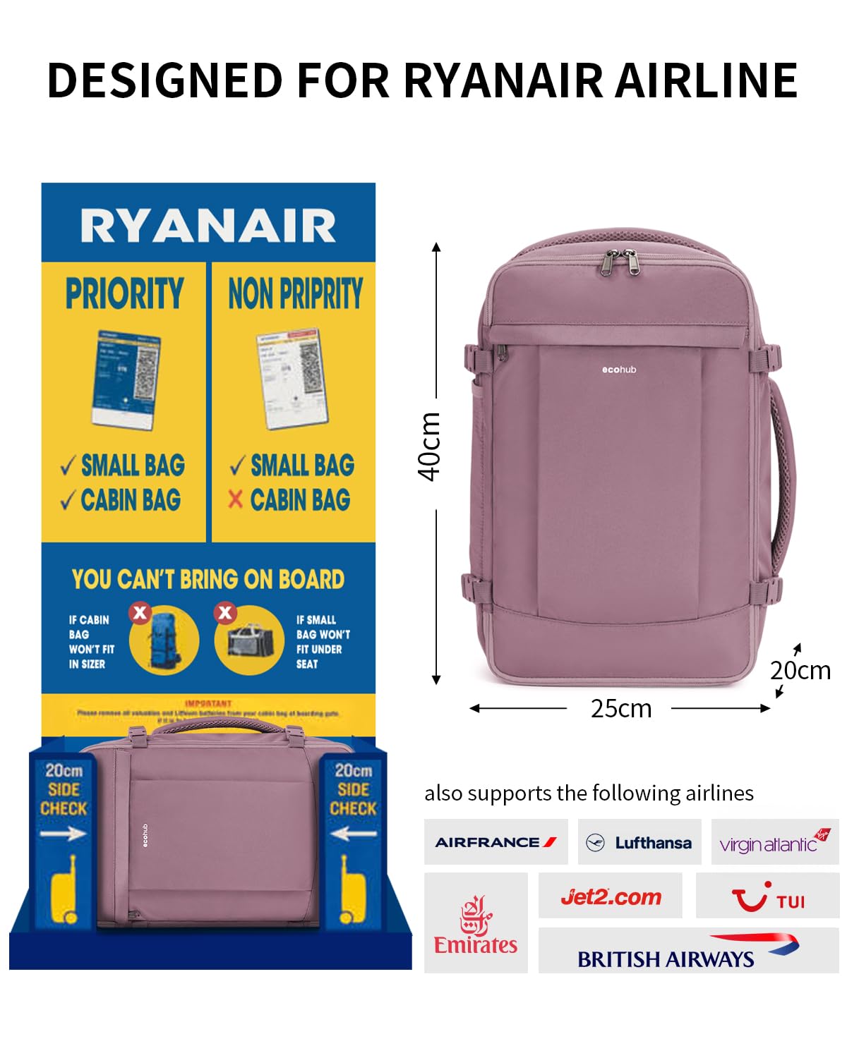 ECOHUB 20L Zaino Ryanair 40x20x25, Zaino Da Viaggio Aereo Bagaglio a Mano Con Scomparto Per Laptop 3D, Resistente all'Acqua Bagaglio a Mano 40x20x25 Ryanair, Riciclato Zaino Viaggio Donna Uomo, Rosa
