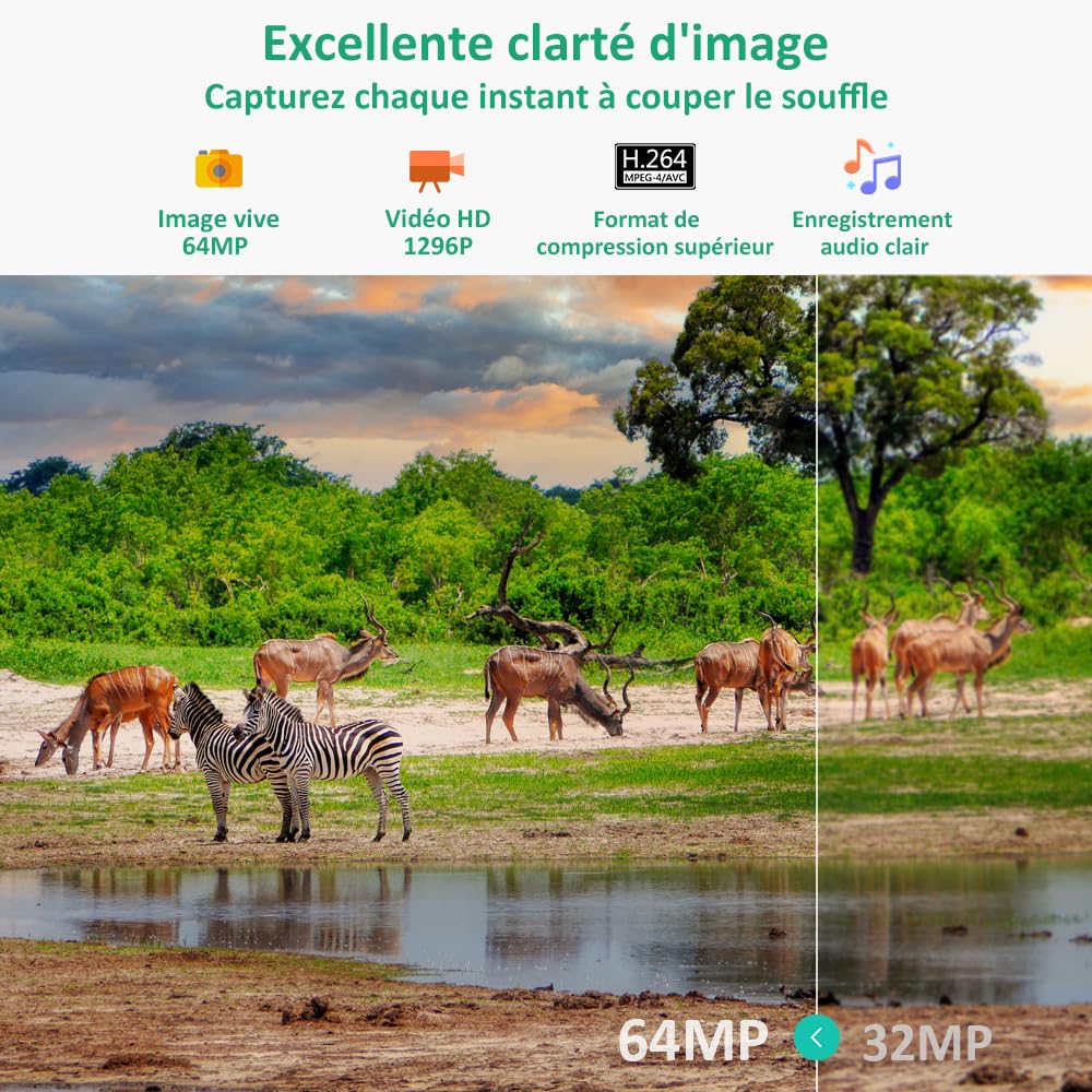 GardePro E8 Camera de Chasse WiFi avec App, 64MP 1296P H.264 Vidéo | Caméra de Chasse Connectée Telephone, Camera Vision Nocturne Animaux Exterieur, Camera Detecteur de Mouvement, No Glow 940nm