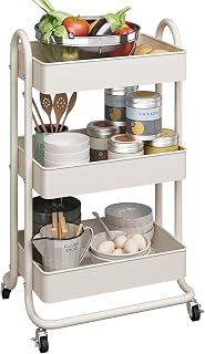 MIOCASA 3-Tier Metal Utility Rolling Cart, Heavy Duty Multifunction Cart with Lockable Casters, Easy to Assemble, Suitable for Office, Bathroom, Kitchen, Garden