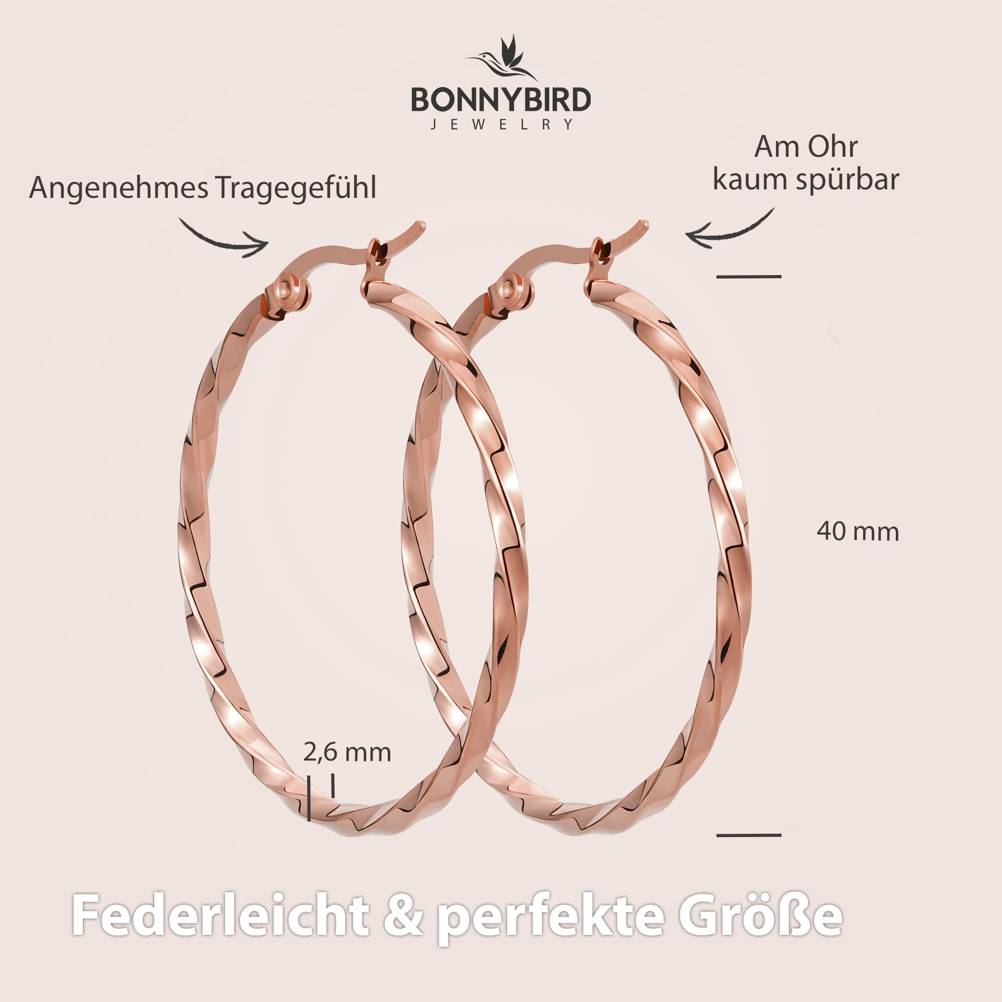 BONNYBIRD® Wasserfeste Edelstahl Creolen Groß in Silber, Gold & Roségold - Ohrringe Damen aus hochwertigem Chirurgenstahl, 100% Wasserfest & Hautverträglich "BonnyFly" (40 mm)