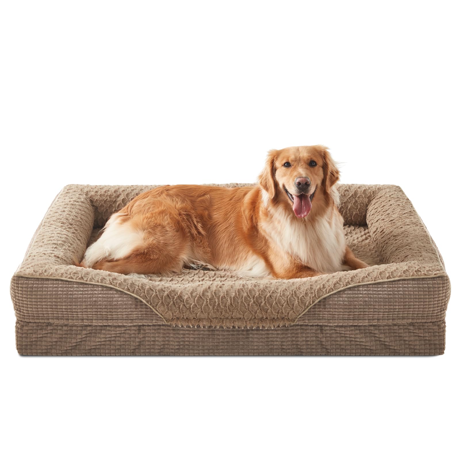 FURTIME Cuccia ortopedica per cani di taglia grande, in memory foam, XL, rimovibile e lavabile, antiscivolo, con bordo alto, marrone, 107 x 81 x 19 cm