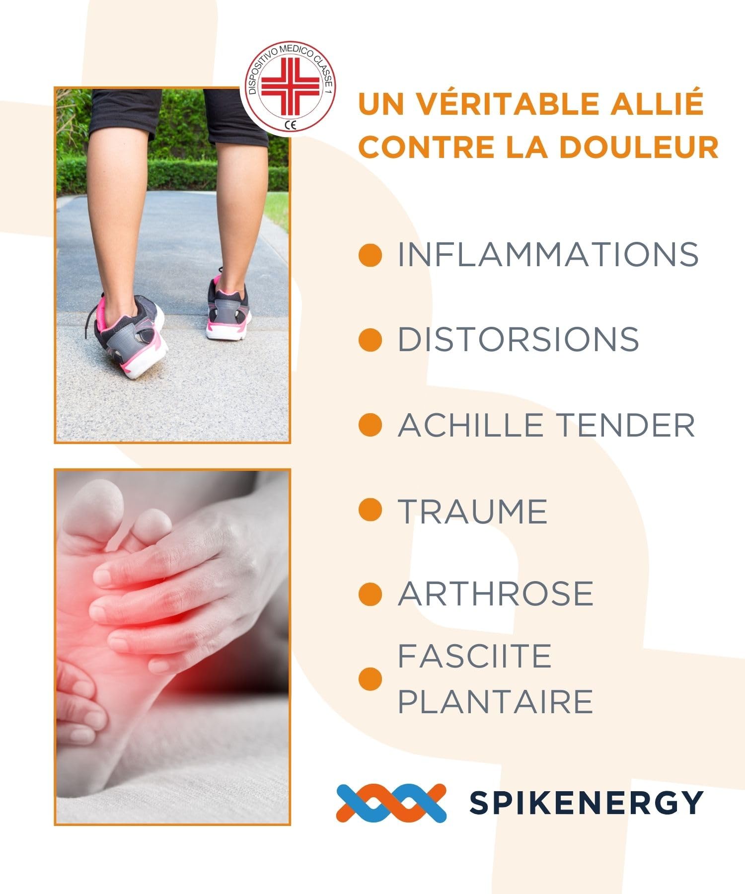 Spikenergy Chevillere Entorse de Maintien Électromagnétothérapie - Fasciite Plantaire, Tendinite Tendon Achille, Maintien Cheville, Dispositif Médical Déductible - Made in Italy, Beige, S