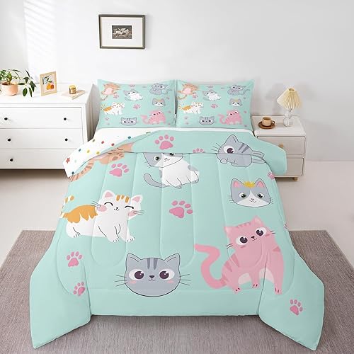 Erosebridal Juego de ropa de cama para niños, tamaño individual, diseño de gatos de dibujos animados, para niñas, niños y adolescentes, edredón con