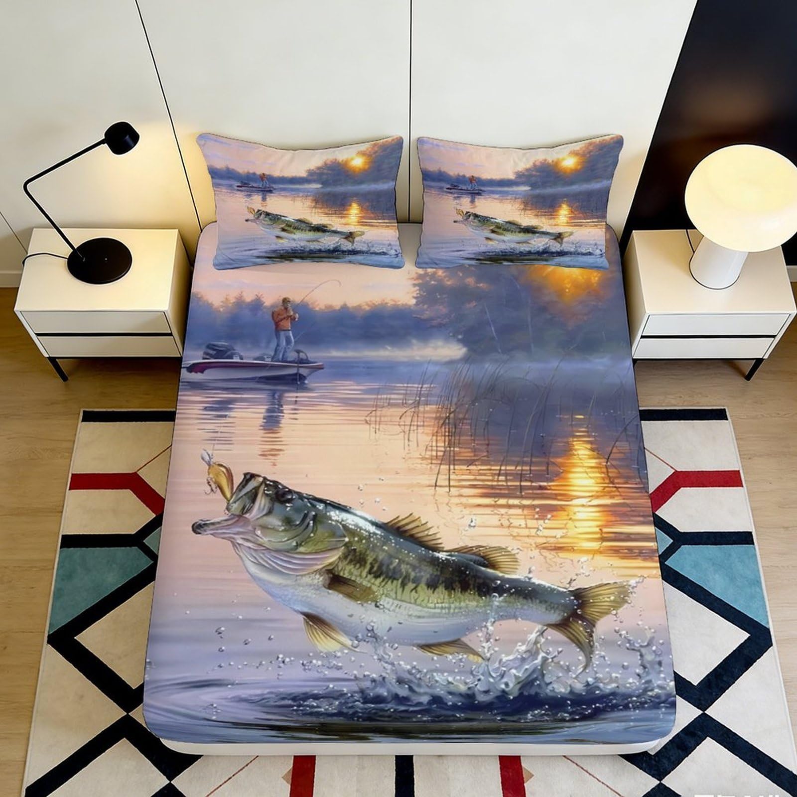 3D Printed Fishing Lake Fitted Sheet Microfiber Soft Mattress Cover with Bass Sunset Artwork for Bedroom Decor 90x200x25cm