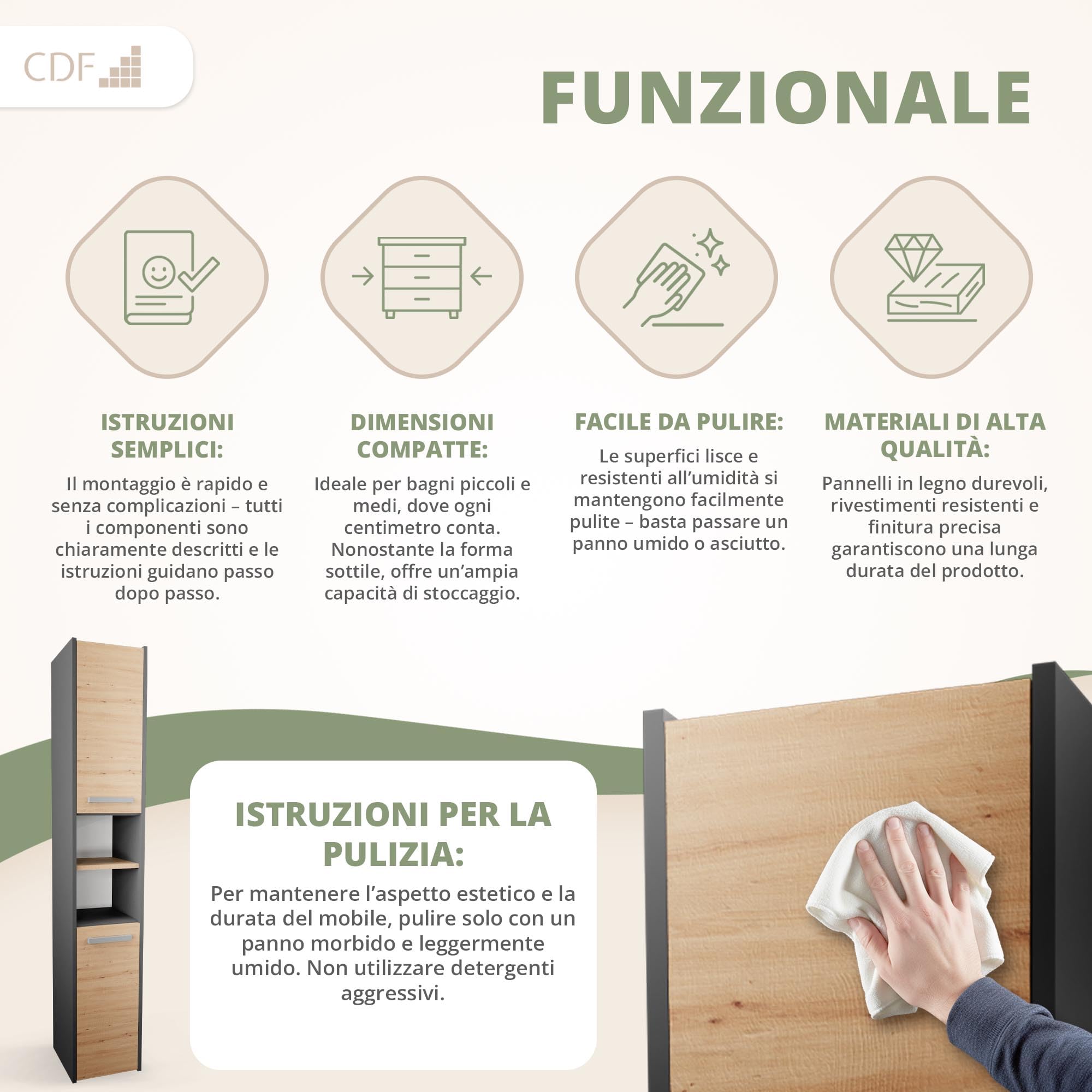 CDF Armadio da Bagno Alto largh. 30 cm Colonna Bagno Mobiletto Portaoggetti Stretto Ripiani e Scomparti per Piccoli Spazi, Cosmetici Moderno Mobile Salvaspazio Rovere Artisan/Antracite 30x30x170 cm