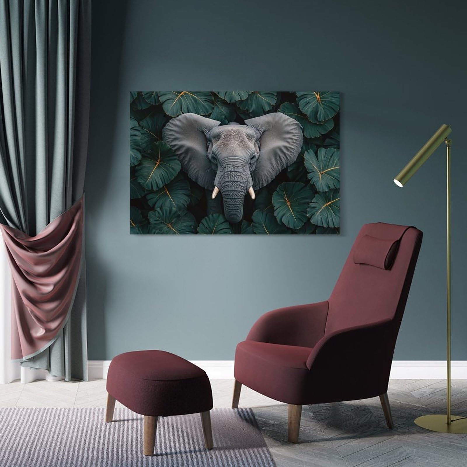 Junmoney Wall Picture Print Elephant Surrounded by Lush Greenery, 20x30inch(50x75cm), for Living Room, Bedroom, Office Or Hallway, A Flexible Wall Accent for Shared Spaces